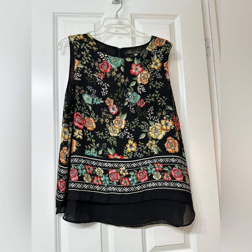 Rose & Olive Colorful XL Sleeveless Blouse, Black/Orange/Yellow|/Green